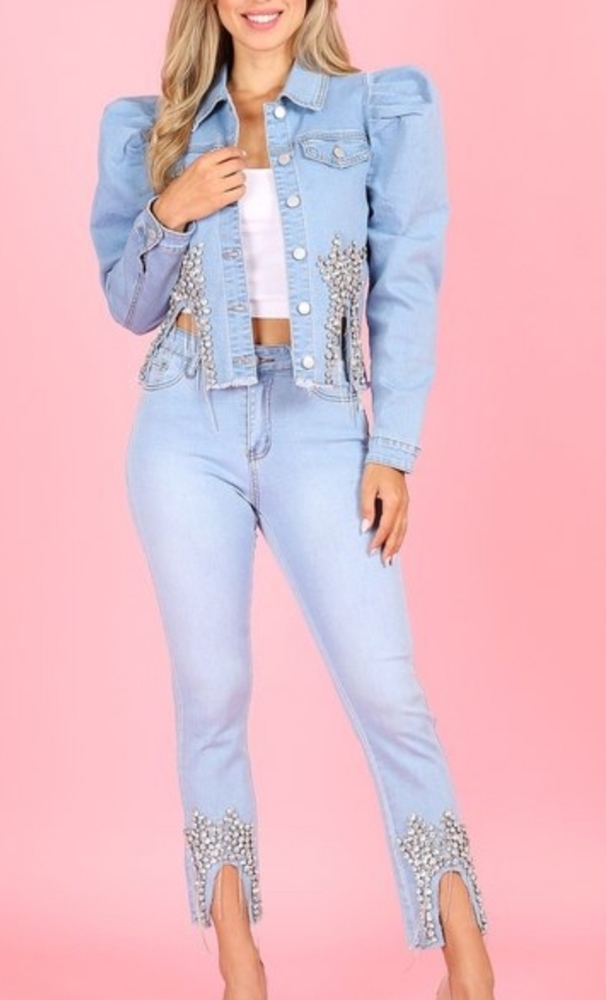 Two Piece Embellished Denim Set - Picture 3 of 5